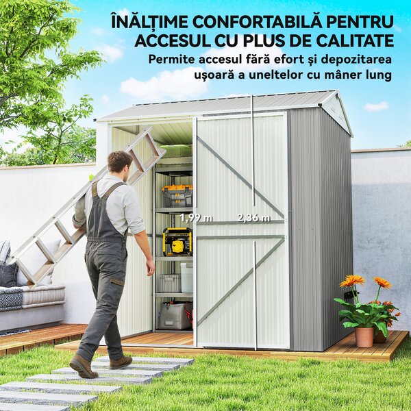 Outsunny Depozit de Grădină Înalt de 3.51m² din Oțel Galvanizat cu Guri de Ventilație, Căsuță de Grădină cu Ușă Blocabilă, Acoperiș Înclinat, Mănuși, Depozit pentru Unelte, 209x177x236 cm, Argintiu Gri | Aosom Romania