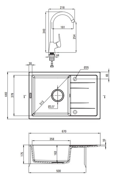 Deante Corrio, chiuveta granit cu 1 camera 670x440x175 mm si robinet chiuveta cu dozator de detergent, grafit, DEA-ZRCC2113