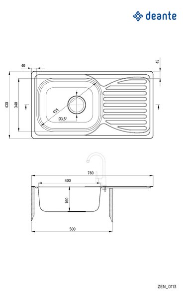 Deante Doppio, chiuveta blat din otel inoxidabil cu 1 camera Z/O 780x430x160 3.5" + sifon, model satinat, ZEN_0113