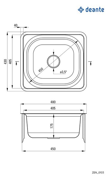 Deante Doppio, chiuveta blat din inox cu 1 camera B/O 480x430x180 3.5" + sifon, model satinat, ZEN_0103