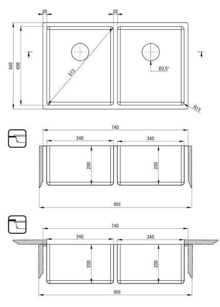 Deante Egeria, chiuvetă din oțel inoxidabil cu 2 camere 740x440x200mm, oțel, DEA-ZPE_020A