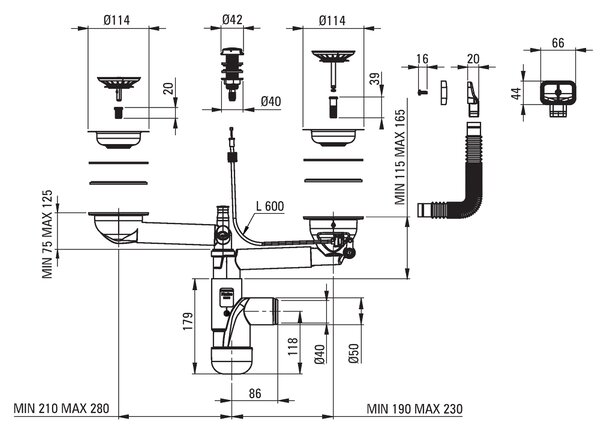 Deante Egeria, chiuvetă din oțel inoxidabil sub placă 1,5 camere B/O 570x440x200 3,5" + sifon care economisește spațiu, model satinat, ZPE_050C