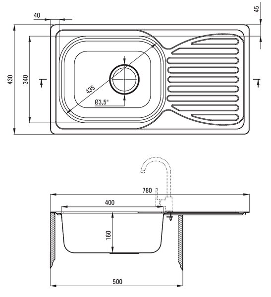Deante Doppio, chiuveta blat din otel inoxidabil cu 1 camera Z/O 780x430x160 3.5" + sifon, model satinat, ZEN_0113