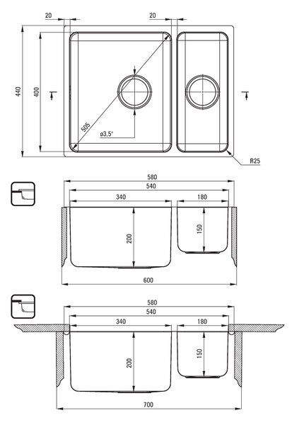 Deante Egeria, chiuvetă din oțel inoxidabil sub placă 1,5 camere B/O 570x440x200 3,5" + sifon care economisește spațiu, model satinat, ZPE_050C