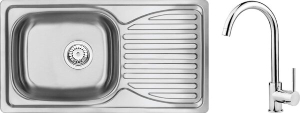 Deante Doppio, chiuveta blat inox 1 camera 780x430x160 3.5" + baterie chiuveta cu brat in "U" + sifon, model satinat, ZENB0113