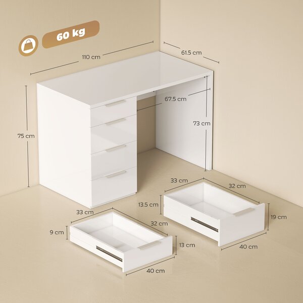HOMCOM Birou Compact, 110x61.5x75 cm Birou Modern cu 4 Sertare, Masă pentru Computer, Cameră și Birou, Alb Lucios | Aosom Romania