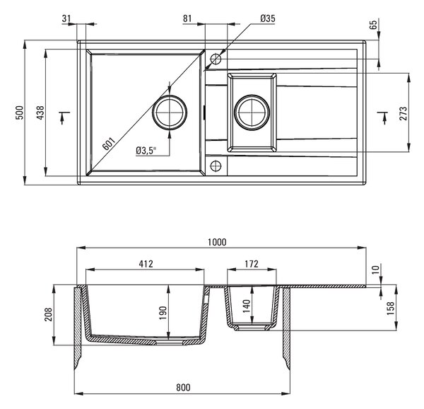 Deante Eridan, chiuveta blat granit 1000x500x208 mm W/O, 3,5" + sifon cu economie de spațiu, 1,5 camere, antracit metalic, ZQE_T513