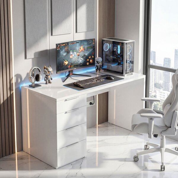 HOMCOM Birou Compact, 110x61.5x75 cm Birou Modern cu 4 Sertare, Masă pentru Computer, Cameră și Birou, Alb Lucios | Aosom Romania