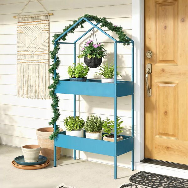 Outsunny Suport Ghivece pe 2 Niveluri din Metal în Formă de Casă, Raft pentru Plante cu Cârlig pentru Interior și Exterior, 75x35x150 cm, Verde Albastru | Aosom Romania
