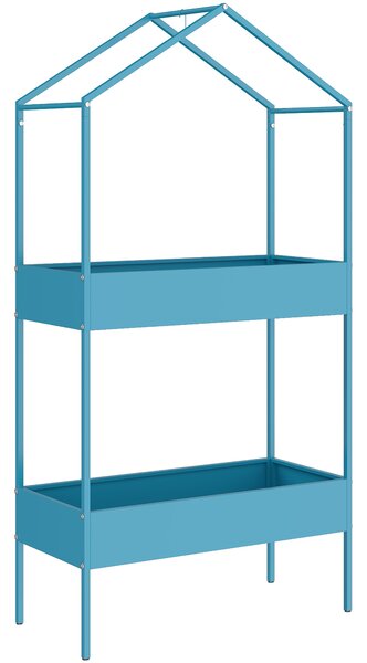 Outsunny Suport Ghivece pe 2 Niveluri din Metal în Formă de Casă, Raft pentru Plante cu Cârlig pentru Interior și Exterior, 75x35x150 cm, Verde Albastru | Aosom Romania