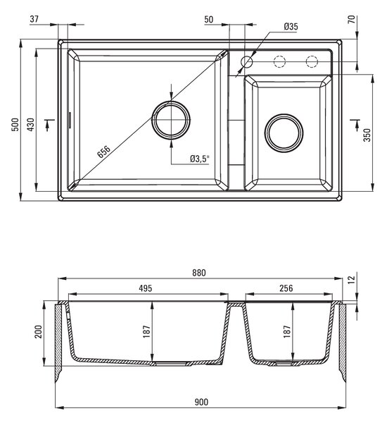 Deante Eridan, chiuveta blat granit 880x500x200 mm, 3,5" + sifon de economisire a spațiului, cu 2 camere, antracit metalic, ZQE_T20B