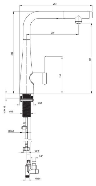 Deante Eridan, baterie pentru chiuveta inalta cu gura de scurgere pentru apa filtrata h-333, negru mat, DEA-BRE_N75M