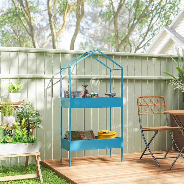 Outsunny Suport Ghivece pe 2 Niveluri din Metal în Formă de Casă, Raft pentru Plante cu Cârlig pentru Interior și Exterior, 75x35x150 cm, Verde Albastru | Aosom Romania