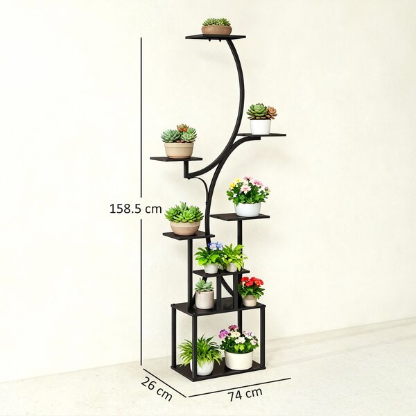 Outsunny Suport pentru Plante cu 8 Rafturi în Formă de S, Suport Ghivece Metalic pentru Interior și Exterior, pentru Grădină, Balcon, Terasă, Cameră de Zi, 74x26x158,5 cm, Negru | Aosom Romania