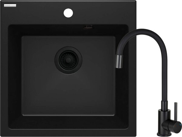Deante Evora, chiuveta granit 1 camera 500x500x216 mm + baterie chiuveta cu brat elastic, negru, DEA-ZQJNN103