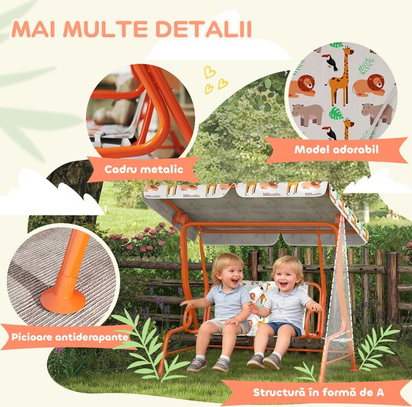 AIYAPLAY Leagăn pentru Copii cu 2 Locuri, Acoperiș Reglabil și Curele de Siguranță, Leagăn pentru Grădină și Interior din Oțel și Material Oxford, Max 60 kg, 112x75x120 cm, Portocaliu | Aosom Romania