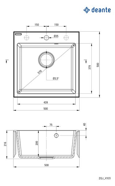 Deante Evora, chiuveta granit cu 1 camera 500x500x216 mm, antracit metalic, DEA-ZQJ_T103