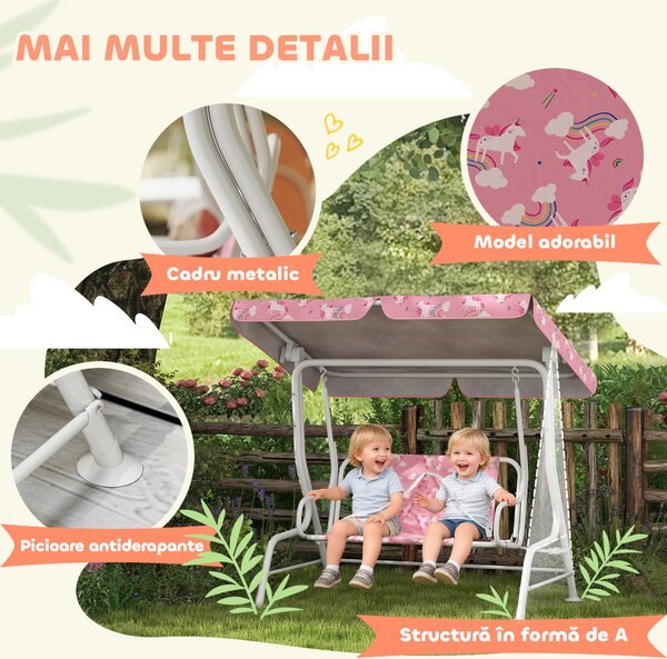 AIYAPLAY Leagăn pentru Copii de Exterior cu 2 Locuri, Acoperiș Reglabil și Centuri de Siguranță, Leagăn Grădină și Interior din Oțel și Material Oxford, Max 60 kg, 112x75x120 cm, Roz | Aosom Romania
