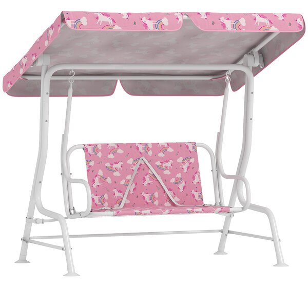 AIYAPLAY Leagăn pentru Copii de Exterior cu 2 Locuri, Acoperiș Reglabil și Centuri de Siguranță, Leagăn Grădină și Interior din Oțel și Material Oxford, Max 60 kg, 112x75x120 cm, Roz | Aosom Romania