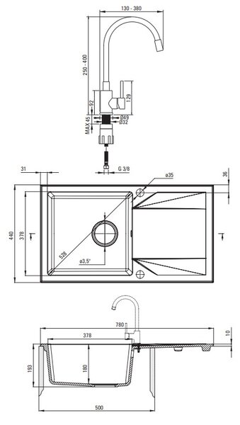 Deante Evora, chiuveta granit cu 1 compartiment cu scurgere 780x440x193 mm si baterie de bucatarie Luno cu brat flexibil, negru, DEA-ZQJJN113