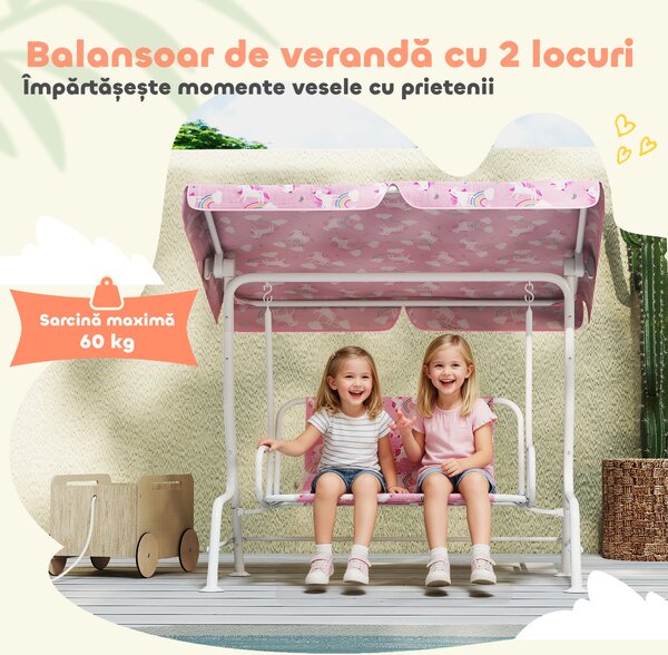 AIYAPLAY Leagăn pentru Copii de Exterior cu 2 Locuri, Acoperiș Reglabil și Centuri de Siguranță, Leagăn Grădină și Interior din Oțel și Material Oxford, Max 60 kg, 112x75x120 cm, Roz | Aosom Romania
