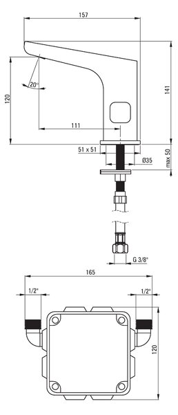 Deante Hiacynt, baterie lavoar cu senzor cu control al temperaturii, alimentare 230 / 6V, crom, BQH_029V
