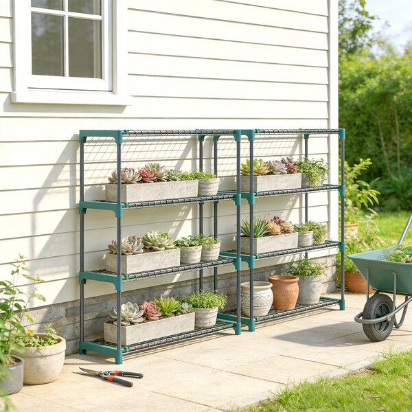 Outsunny Raft pentru Plante pe 4 Niveluri, Set de 2 Suporturi pentru Plante, din Oțel cu Catarame pentru Montaj Ușor, Expunere Ghivece Grădină și Balcon, 90x28x104 cm | Aosom Romania