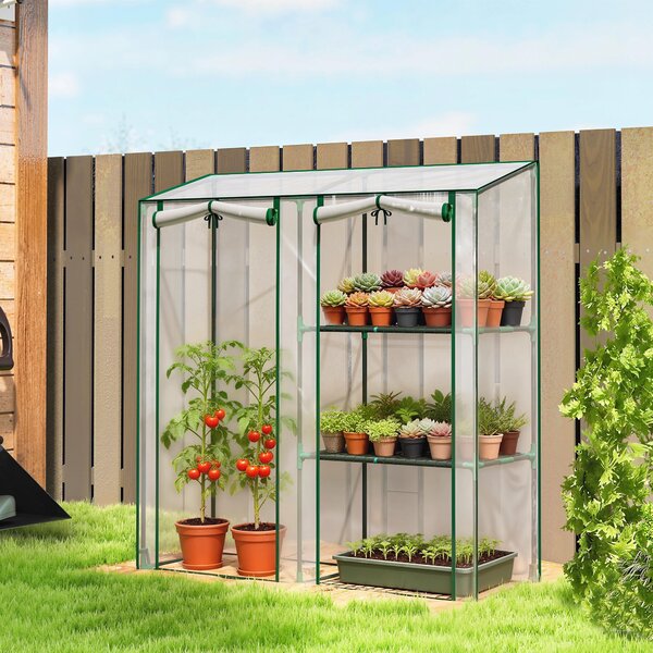 Outsunny Mini Seră cu 3 Rafturi, 2 Uși Rulabile, Seră pentru Grădină cu Cadru din Oțel și Acoperire din Plastic pentru Plante, Legume, Flori, Fructe, Anti UV, 143x45x151 cm, Transparentă | Aosom Romania