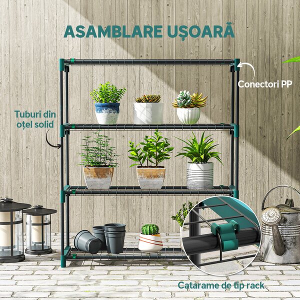 Outsunny Raft pentru Plante pe 4 Niveluri, Set de 2 Suporturi pentru Plante, din Oțel cu Catarame pentru Montaj Ușor, Expunere Ghivece Grădină și Balcon, 90x28x104 cm | Aosom Romania