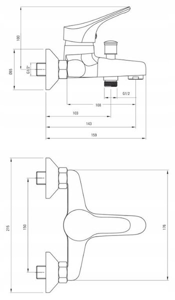Deante Joko, baterie pentru cada montată pe perete 150 mm cu set de duș, crom, BOJ_011M