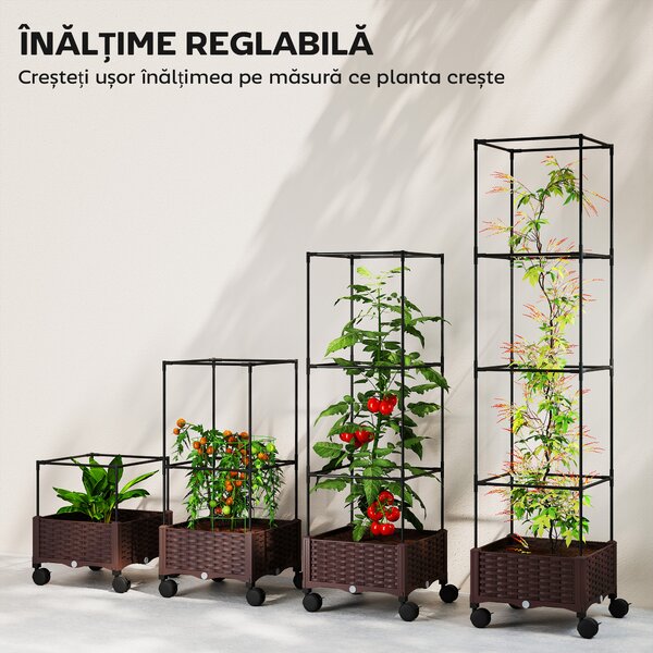 Outsunny Jardinieră Înălțată cu Spalier 20L, Pat de Grădină Înălțat pentru Exterior cu Roți Blocabile, Sistem de Autoirigare, Orificii de Drenaj pentru Plante Cățărătoare, Legume și Flori, Maro | Aosom Romania