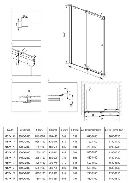 Deante Kerria Plus, usa de dus cu 1 canat 50x200 cm, sticla transparenta 6 mm, profil cromat, DEA-KTSW045P