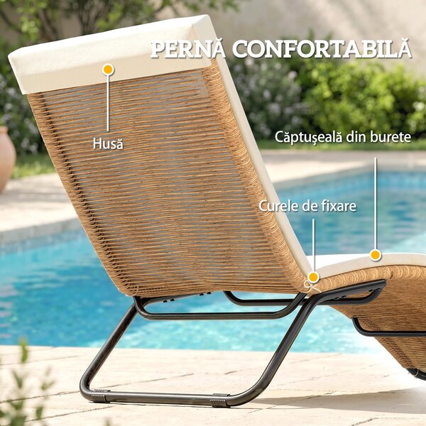 Outsunny Șezlong din Ratan Forma S cu Pernă, Șezlong de Grădină cu Structură din Oțel, pentru Terasă, Plajă, Piscină, Grădină, 175x57x80cm, Crem | Aosom Romania