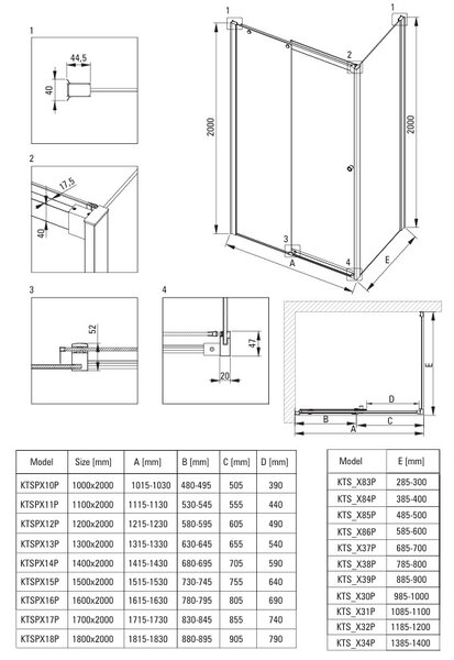 Deante Kerria Plus, usa de dus cu 1 canat 50x200 cm, sticla transparenta 6 mm, profil cromat, DEA-KTSW045P
