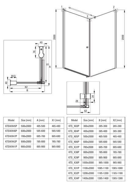 Deante Kerria Plus, usa de dus cu 1 canat 50x200 cm, sticla transparenta 6 mm, profil negru, DEA-KTSWN45P