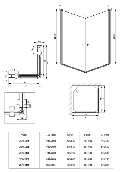 Deante Kerria Plus, usa de dus cu 1 canat 50x200 cm, sticla transparenta 6 mm, profil negru, DEA-KTSWN45P