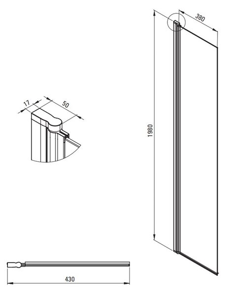 Deante Kerria Plus, ecran rotativ 40x200 cm, sticlă transparentă de 6 mm, profil negru, DEA-KTSXN72P