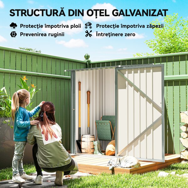 Outsunny Căsuță de Grădină 0,92m² din Oțel Galvanizat, Căsuță pentru Unelte cu Ușă Blocabilă și Acoperiș Înclinat, 100x104x160 cm, Argintiu Gri | Aosom Romania