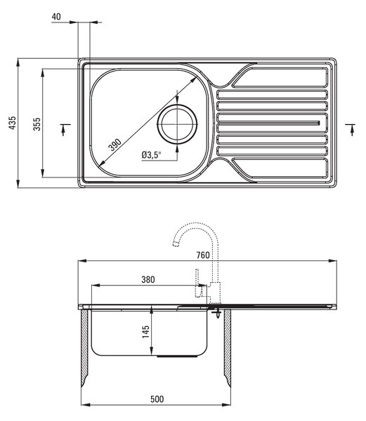 Deante Legato, chiuveta blat din otel inoxidabil cu 1 camera Z/O 760x435x145 3.5" + sifon, model satinat, ZEL_0113