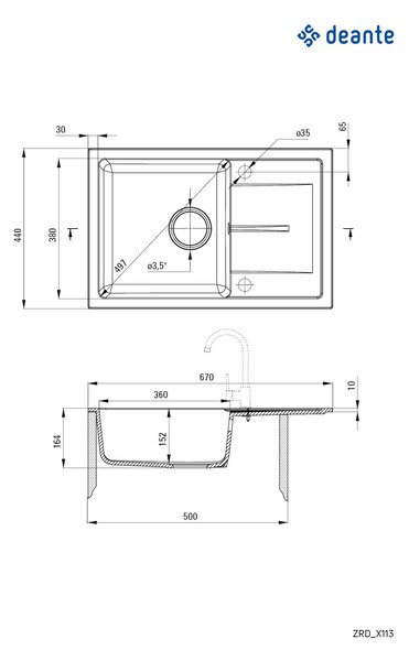 Chiuveta Deante Leda granit 670x440x164 mm, 1 camera, gri metalizat, DEA-ZRD_S113