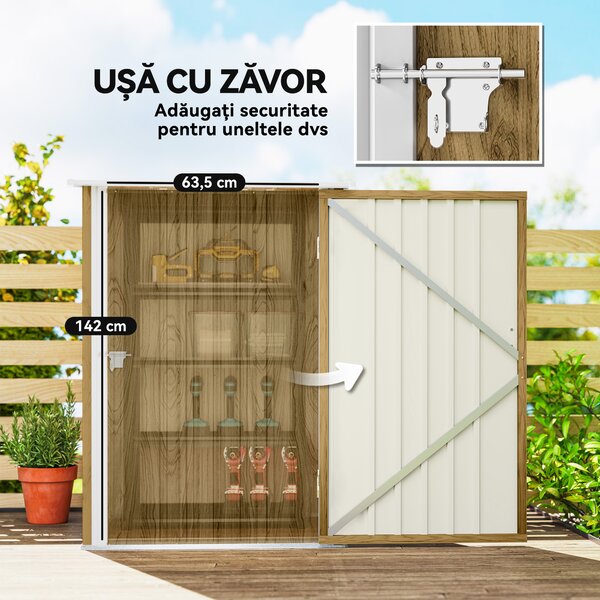 Outsunny Căsuță de Grădină 0.92m² din Oțel Galvanizat, Depozit pentru Unelte cu Ușă Blocabilă, Acoperiș Înclinat, 100x104x160 cm, Maro Deschis cu Aspect de Lemn | Aosom Romania