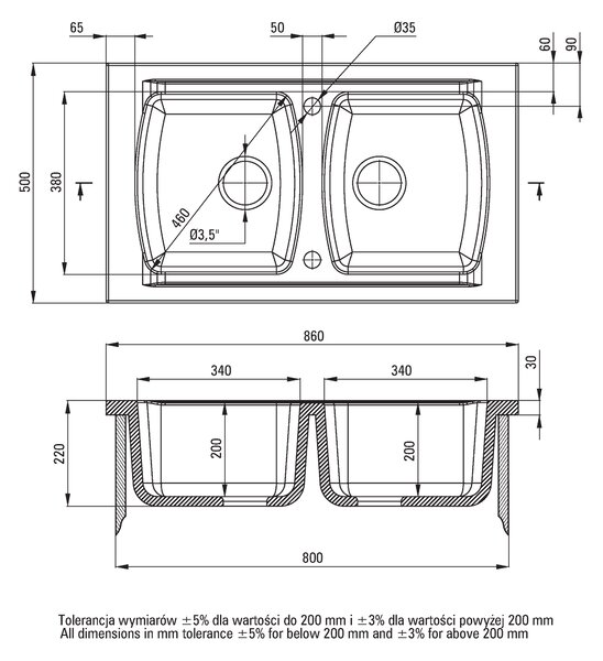 Deante Lusitano, chiuveta ceramica 860x500x240 mm + sifon, 2 camere, alb, ZCL_620N