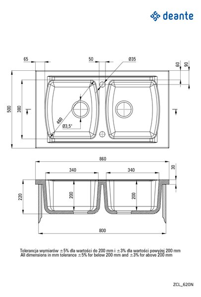 Deante Lusitano, chiuveta ceramica 860x500x240 mm + sifon, 2 camere, alb, ZCL_620N