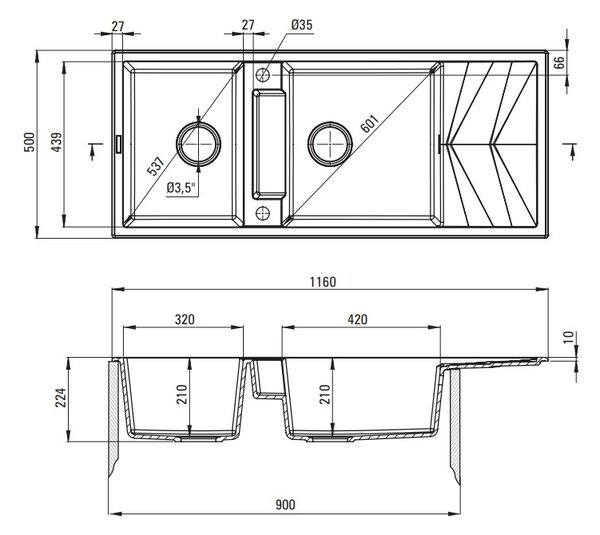 Deante Magnetic, chiuveta granit cu 2 camere cu scurgere 1160x500x224 mm, antracit metalic, DEA-ZRM_T213