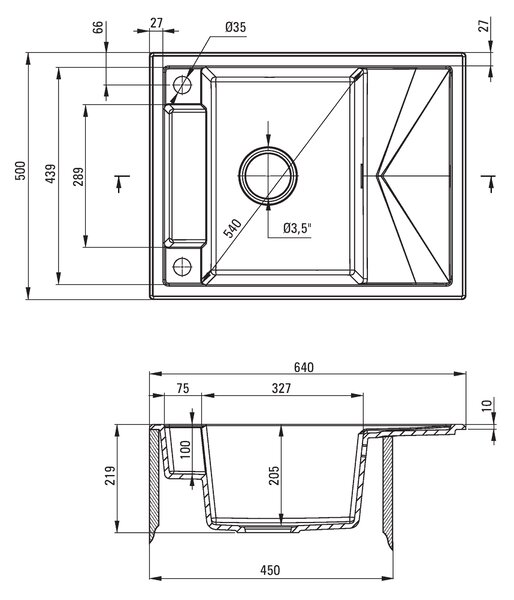 Deante Magnetic, chiuvetă blat granit 640x500x219 mm Z/KO, 3,5" + sifon cu economie de spațiu, 1 cameră, antracit metalic, ZRM_T11A