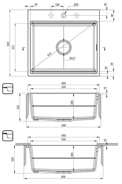 Deante Magnetic, chiuvetă din granit cu 1 cameră 560x520x220mm, grafit metalic, DEA-ZRM_G10A