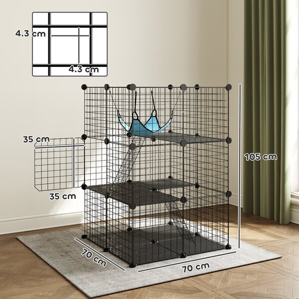 PawHut Cușcă pentru Pisici 105 cm de Interior, Recinto din Oțel cu 3 Uși, Design Personalizabil DIY pentru Pisoi, Spațiu pe 3 Niveluri cu Scări, Hamac și Platformă, Negru | Aosom Romania