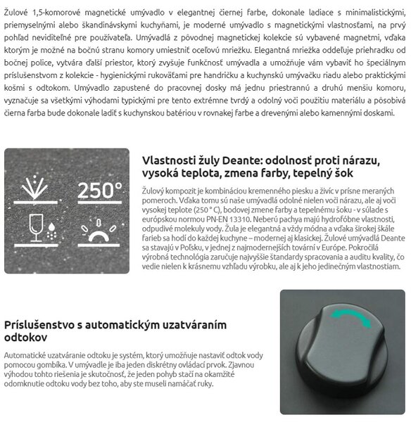 Deante Magnetic, chiuveta blat granit 690x500x219 mm, 3.5" + sifon care economisește spațiu, 1.5 camere, negru, ZRM_N503