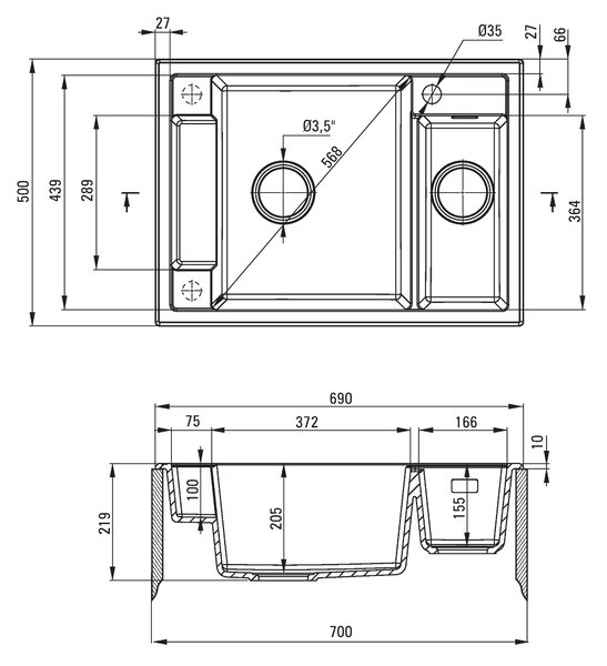 Deante Magnetic, chiuveta blat granit 690x500x219 mm, 3,5" + sifon cu economie de spațiu, 1,5 camere, antracit metalic, ZRM_T503