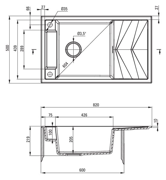 Deante Magnetic, chiuveta blat granit 820x500x219 mm W/O, 3,5" + sifon cu economie de spațiu, 1 cameră, antracit metalic, ZRM_T113